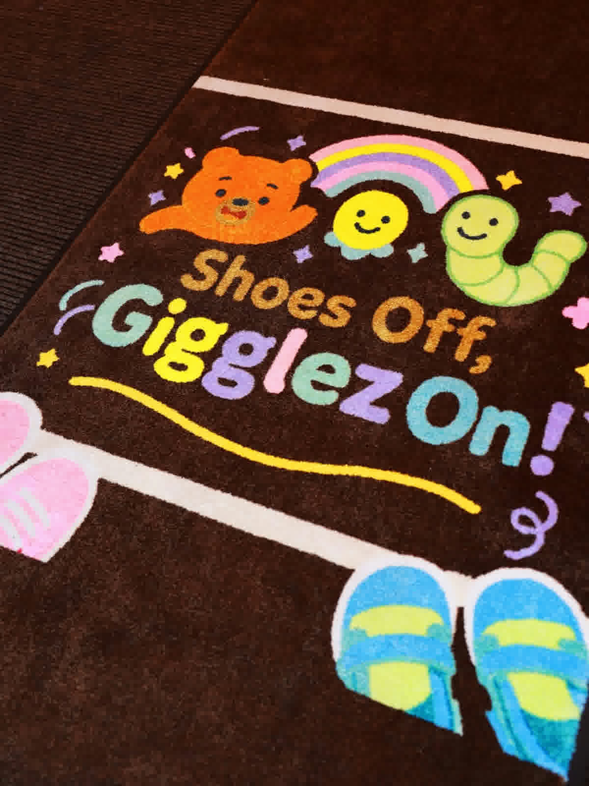 Gigglez branded entrance mat — Shoes Off, Gigglez On!